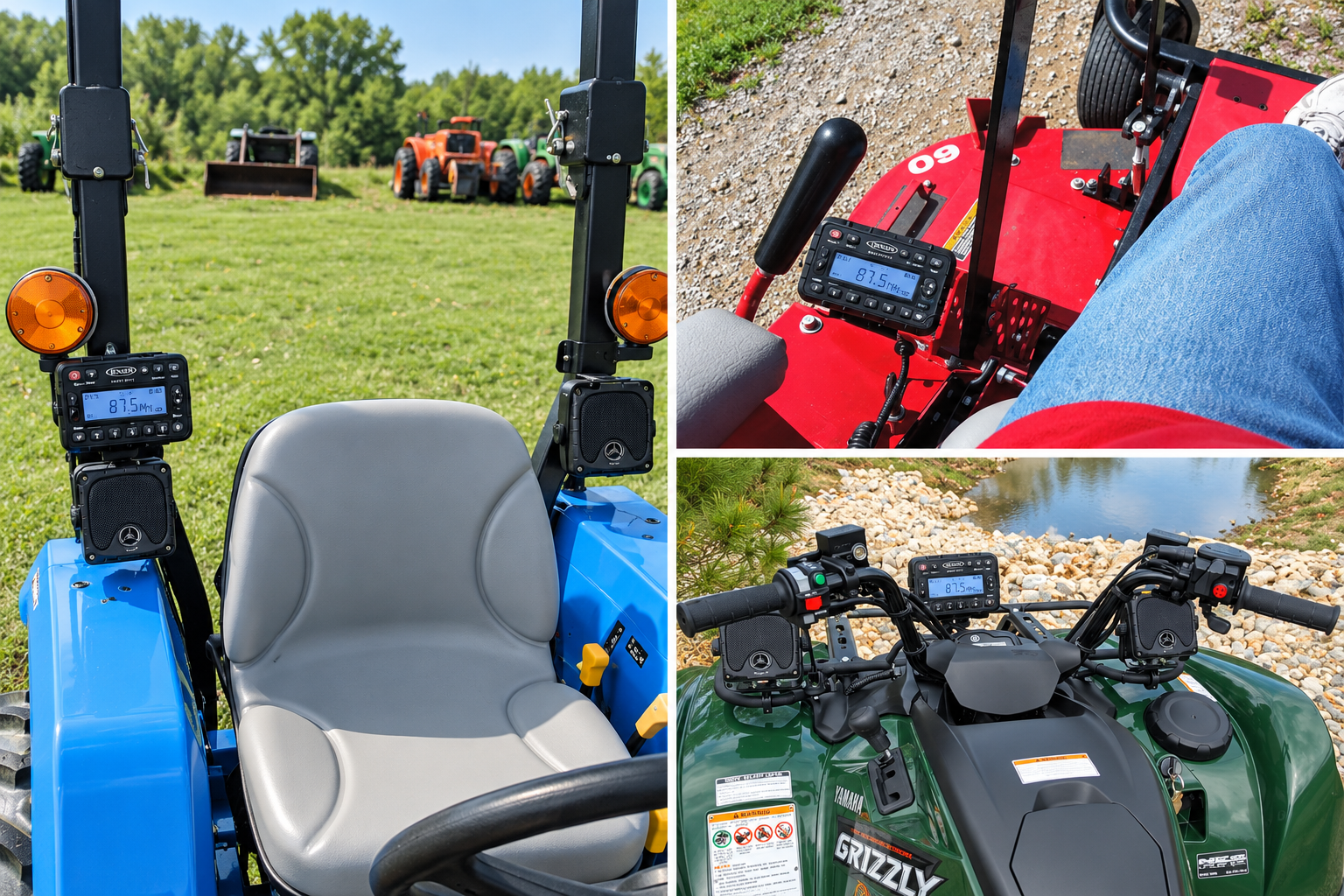 Real-world Jensen JHD910 radio installations on tractors and an ATV. The Jensen JHD922BT replaces the older JHD910 series and uses the same 9-pin connector, mounting area and universal 4-bolt mounting pattern.